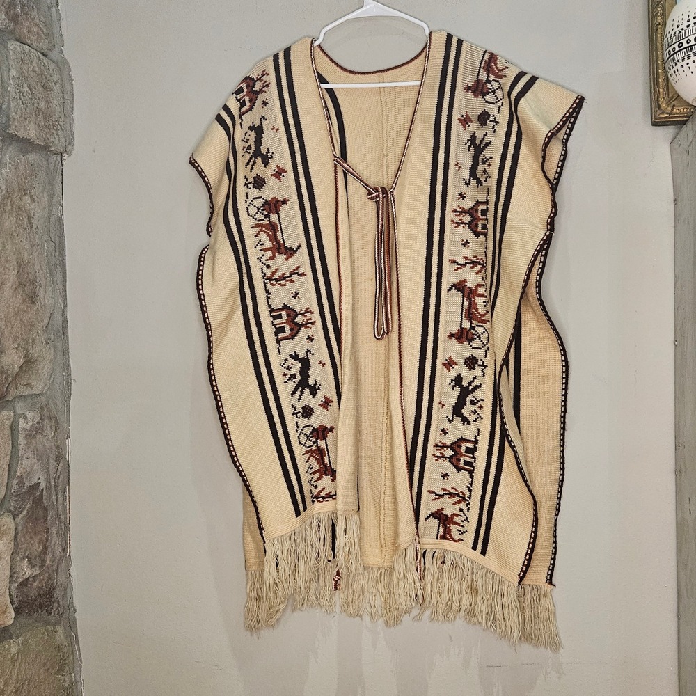 Vintage Ethnic Aztec Tribal Poncho‎ Fringe Festival Hippie Bohemian Free Size